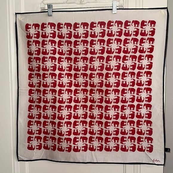 Vtg  Echo large white thin cotton square scarf with red elephants & blue border - Picture 1 of 9